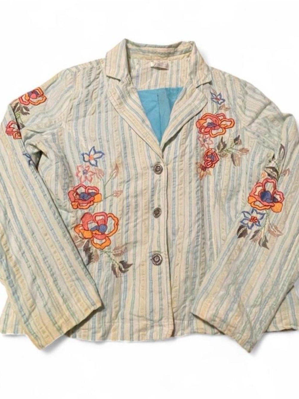 Christopher & Banks Striped Floral Embroidered Boho Blazer Jacket Size L